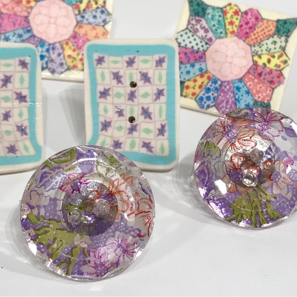 Folkart Bobbin Resin Dried Flower Needlepoint Quilt Novelty Kitsch Earring Lot - Picture 5 of 16